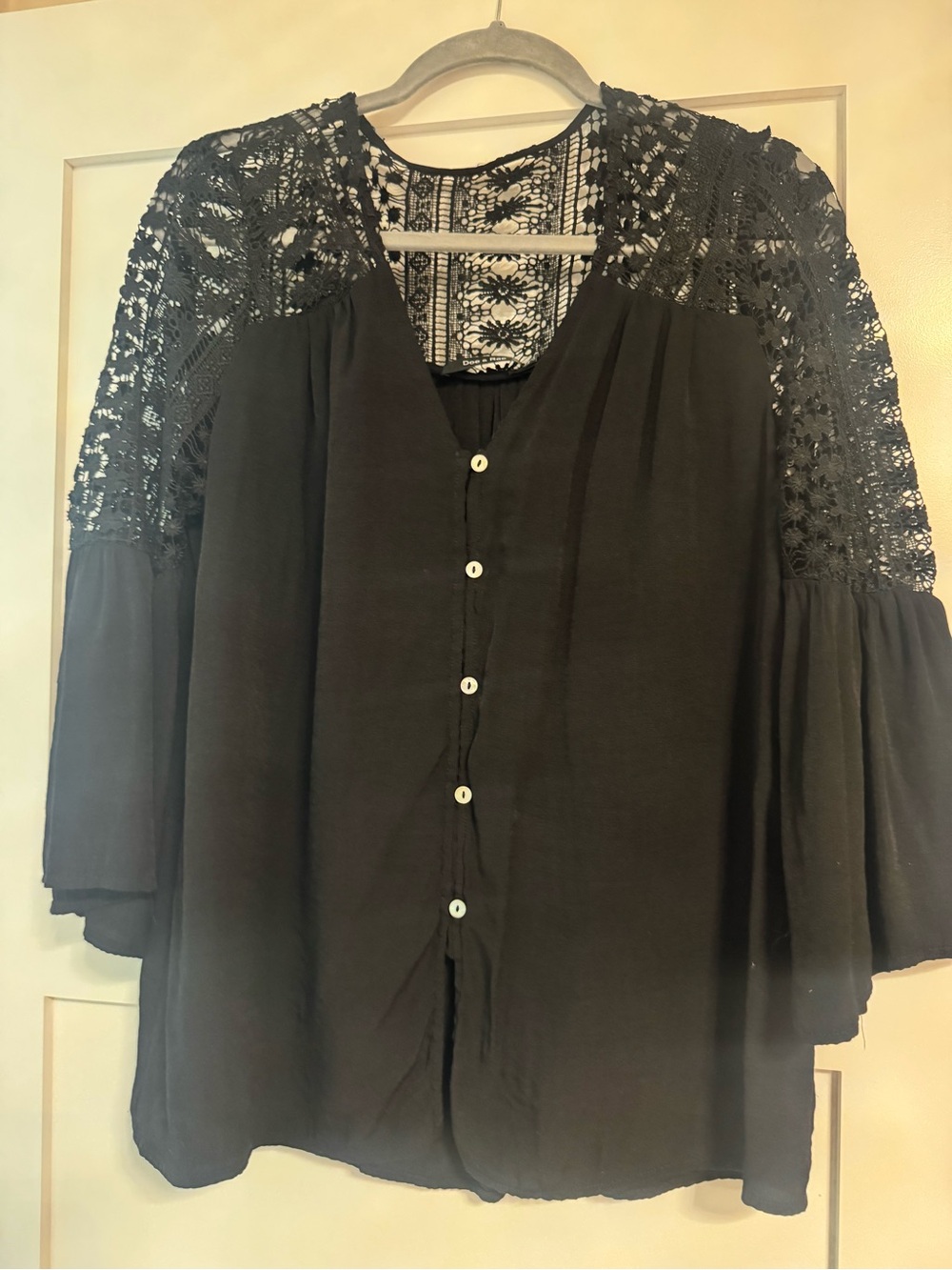 Doe & Rae Black Crochet Yoke Button-Front Blouse